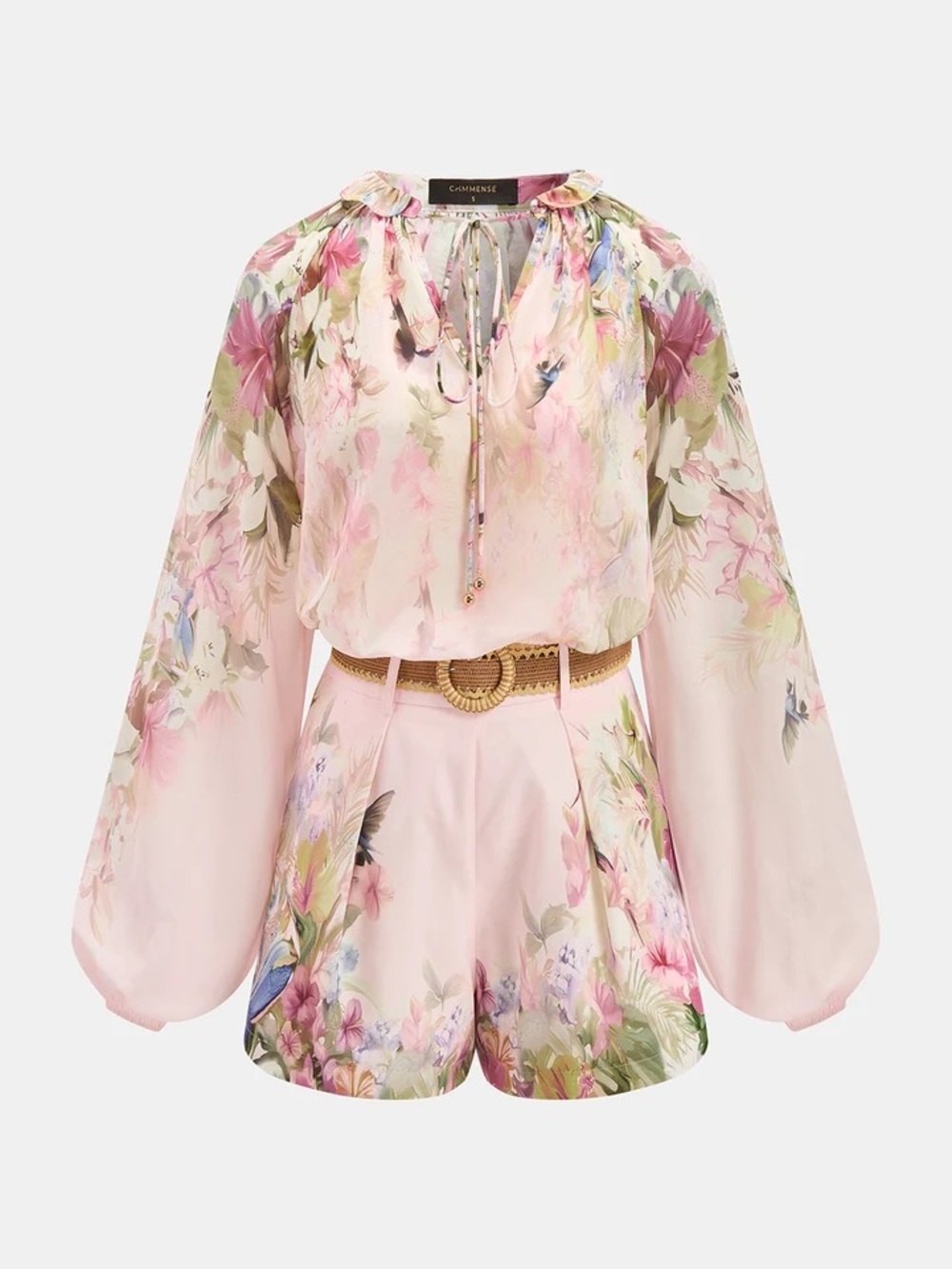 COMMENSE Floral Print Blouse & Belted Shorts Set - size Medium